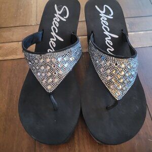 Skechers Rhinestone Embellished Black Wedge Sandals Size 11